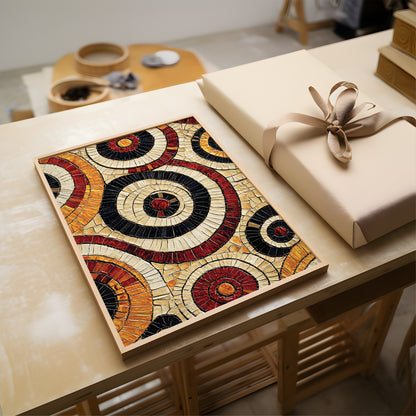 A square decorative art print or canvas featuring concentric circular target-like patterns in cream, orange, red, and black, displayed on a light wood table next to a wrapped gift box with a beige ribbon.