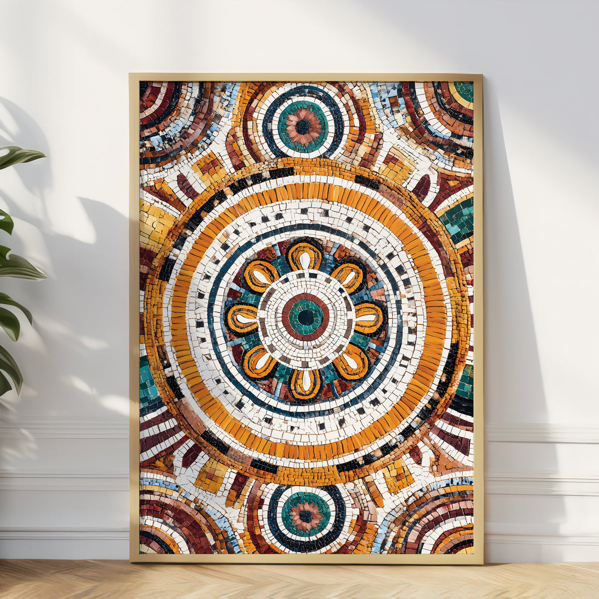 A framed mosaic art print featuring a highly detailed, circular mandala design in warm orange, brown, cream, and teal tones, leaning against a white wall on a light wood floor next to a green plant.