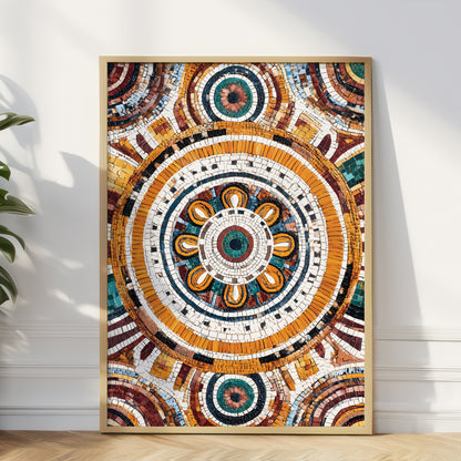 A framed mosaic art print featuring a highly detailed, circular mandala design in warm orange, brown, cream, and teal tones, leaning against a white wall on a light wood floor next to a green plant.