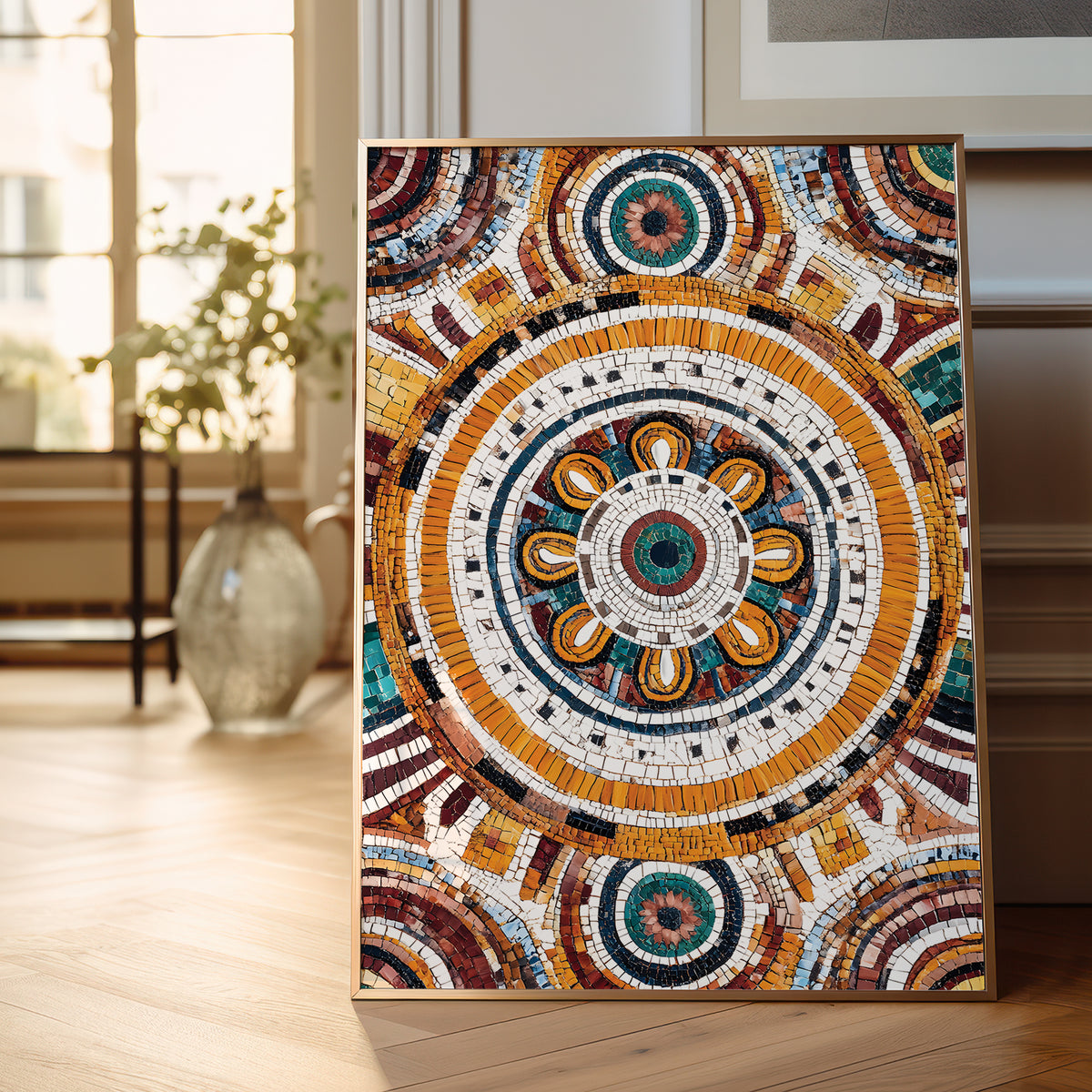 A framed mosaic art print featuring a detailed circular mandala design in warm orange, gold, brown, white, and teal tones, leaning against a wall on a light wood floor in a softly lit room.