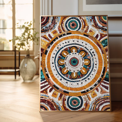 A framed mosaic art print featuring a detailed circular mandala design in warm orange, gold, brown, white, and teal tones, leaning against a wall on a light wood floor in a softly lit room.