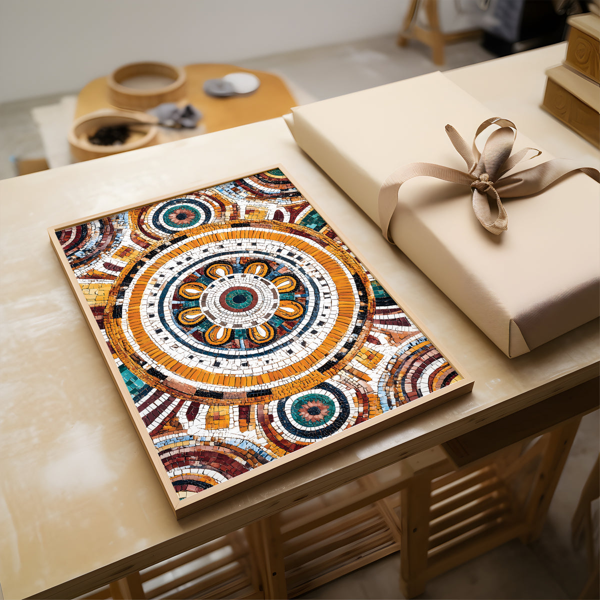 A framed mosaic art print featuring a detailed circular mandala design in warm orange, yellow, brown, teal, and white tones, displayed on a light wood table next to a beige gift box with a ribbon.