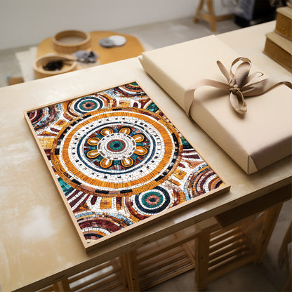 A framed mosaic art print featuring a detailed circular mandala design in warm orange, yellow, brown, teal, and white tones, displayed on a light wood table next to a beige gift box with a ribbon.