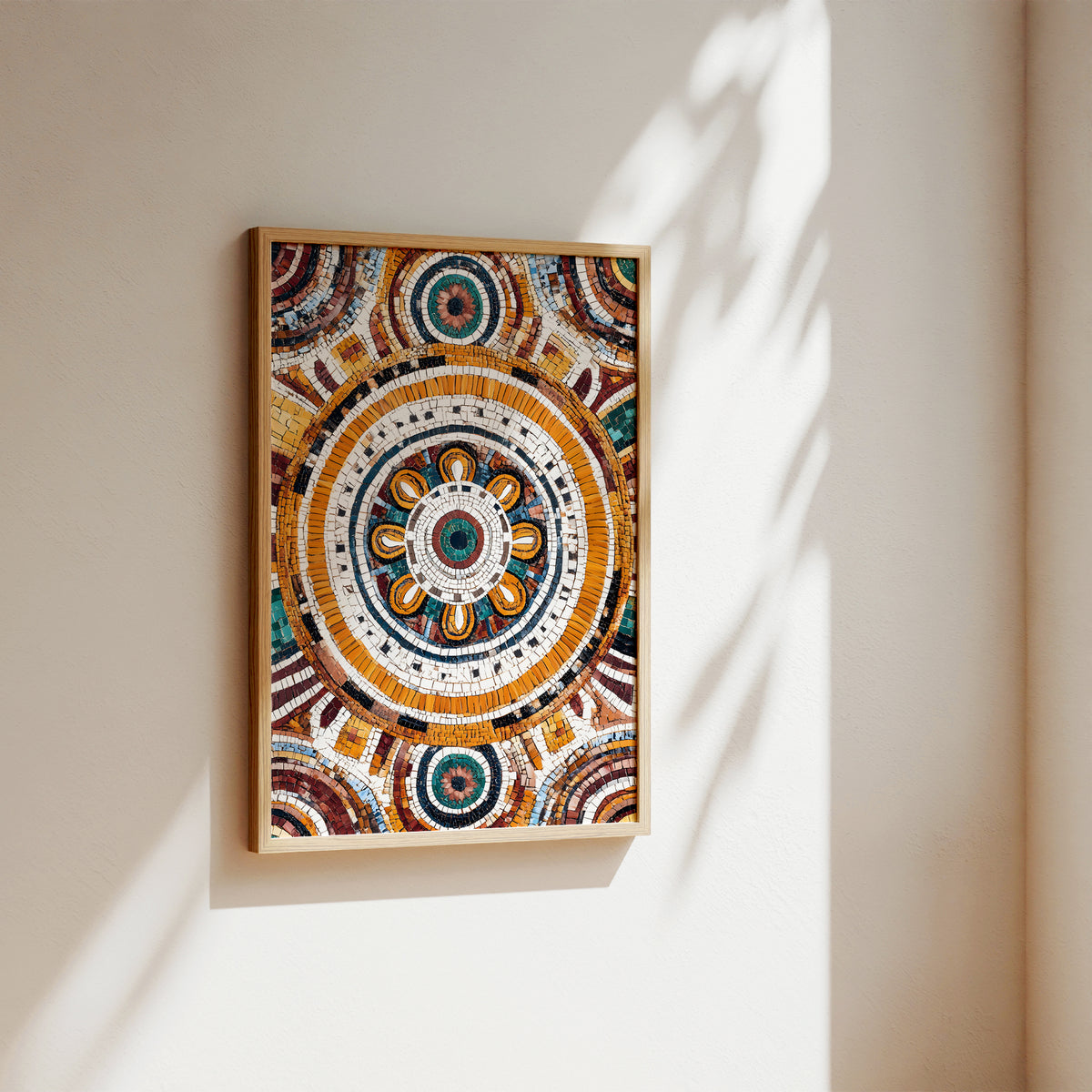 A framed circular mosaic wall art print with intricate concentric mandala-style patterns in orange, gold, brown, teal, and cream, hanging on a warm beige wall with soft sunlight and leaf shadows.