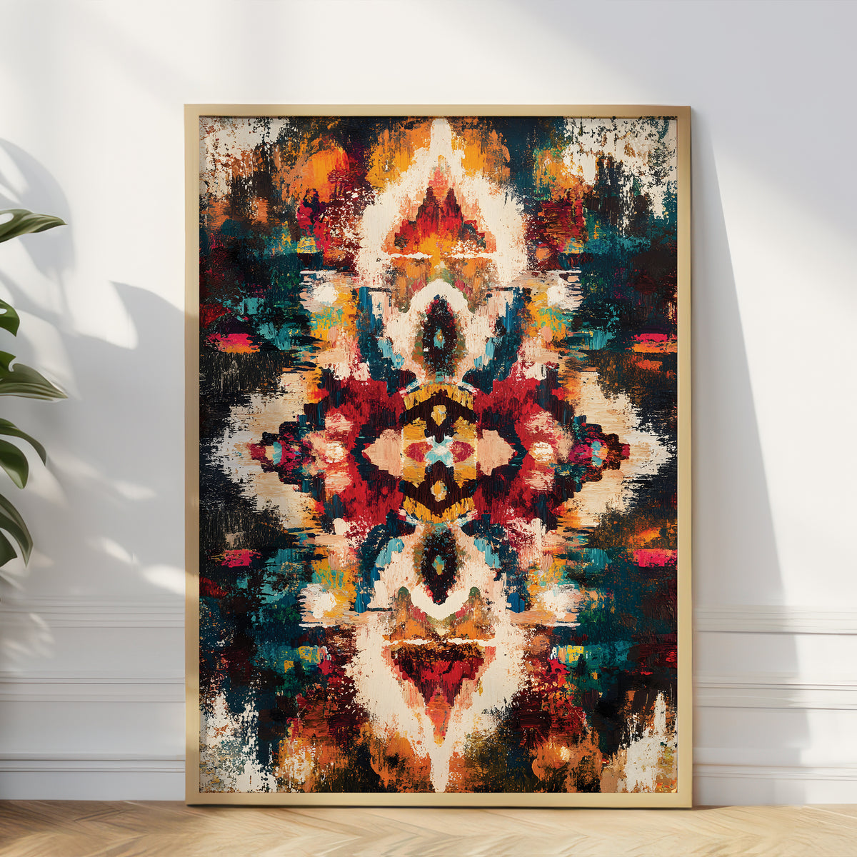 A framed abstract art print with a symmetrical, kaleidoscopic pattern in a variety of colors including teal, red, orange, yellow, and cream, set in a light wood frame leaning against a white wall.