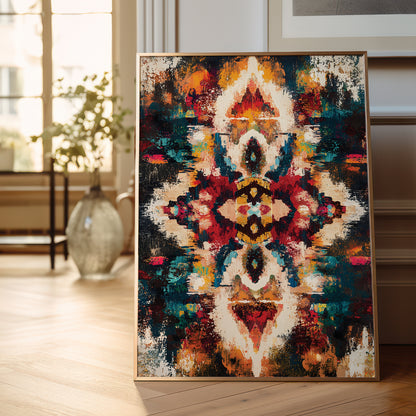 A framed abstract art print with a vibrant, symmetrical ikat-inspired pattern in red, blue, orange, and cream, leaning against a light-colored wall on a wooden floor.