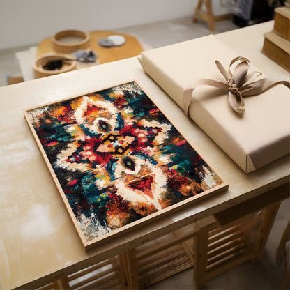 A framed abstract art print featuring a colorful, textured design in shades of blue, red, orange, cream, and black, displayed on a light wood table next to a beige gift box with a ribbon.