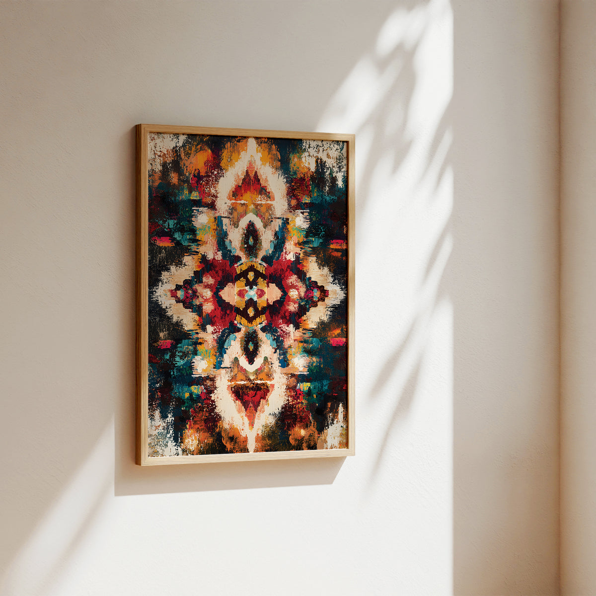 A framed abstract art print with a colorful geometric and floral pattern, hanging on a warm beige wall with soft sunlight and leaf shadows casting across it.