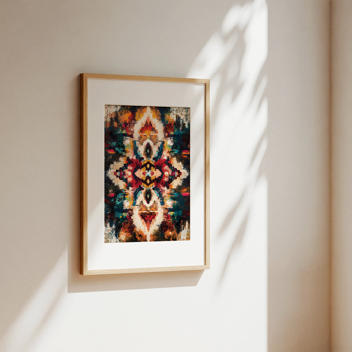 A framed abstract art print with a colorful geometric and floral pattern, hanging on a warm beige wall with soft sunlight and leaf shadows casting across it.