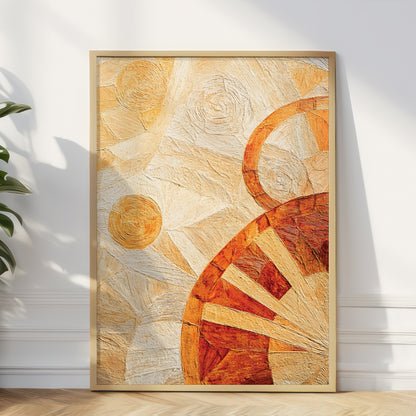 A framed abstract art print leaning against a white wall on a light wood floor, with a plant leaf visible at the left edge. The artwork features warm cream, tan, orange, and rust tones in a textured, layered composition inside a light wood frame.