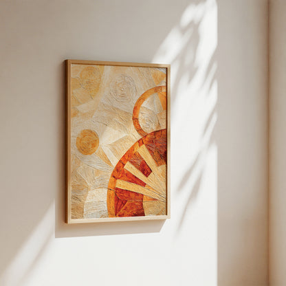 Framed abstract wall art hanging on a warm off-white wall, with sunlight casting leaf-like shadows across the artwork and wall. The piece features layered cream, tan, orange, and rust tones in a geometric, textured design within a light wood frame.