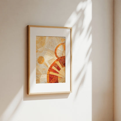 A framed abstract art print with warm orange, gold, and beige tones, displayed on a beige wall with soft sunlight and leaf shadows.