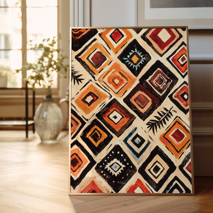 A framed geometric canvas print with a bold diamond pattern in orange, red, black, and cream, leaning against a wall on a light wood floor in a bright room.