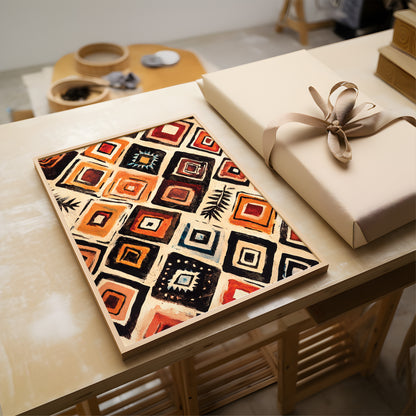 A framed square art print featuring a colorful geometric tribal pattern in orange, red, black, and cream, displayed on a light wood table next to a wrapped gift box.