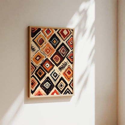 A framed square wall art print with a geometric diamond pattern in black, red, orange, and cream, hanging on a warm beige wall with soft sunlight and leaf shadows.