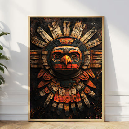 A framed art print featuring a stylized, weathered Aztec-inspired sun mask with orange, red, and black details on a dark background, leaning against a white wall on a light wood floor.