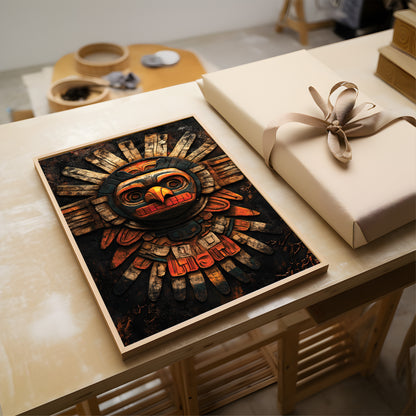 A framed art print featuring a stylized totem-style sun face in dark wood tones with orange, red, and yellow accents, displayed on a light wood table next to a wrapped gift box.