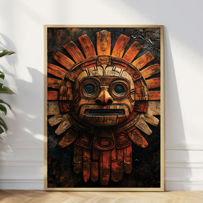 A framed vertical art print featuring a stylized Aztec sun face with radiating rays, shown leaning against a white wall on a wood floor with a plant at the side.