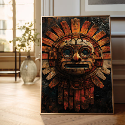 A framed art print featuring a detailed Aztec-style sun mask, leaning against a wall on a light wood floor in a bright, modern room.