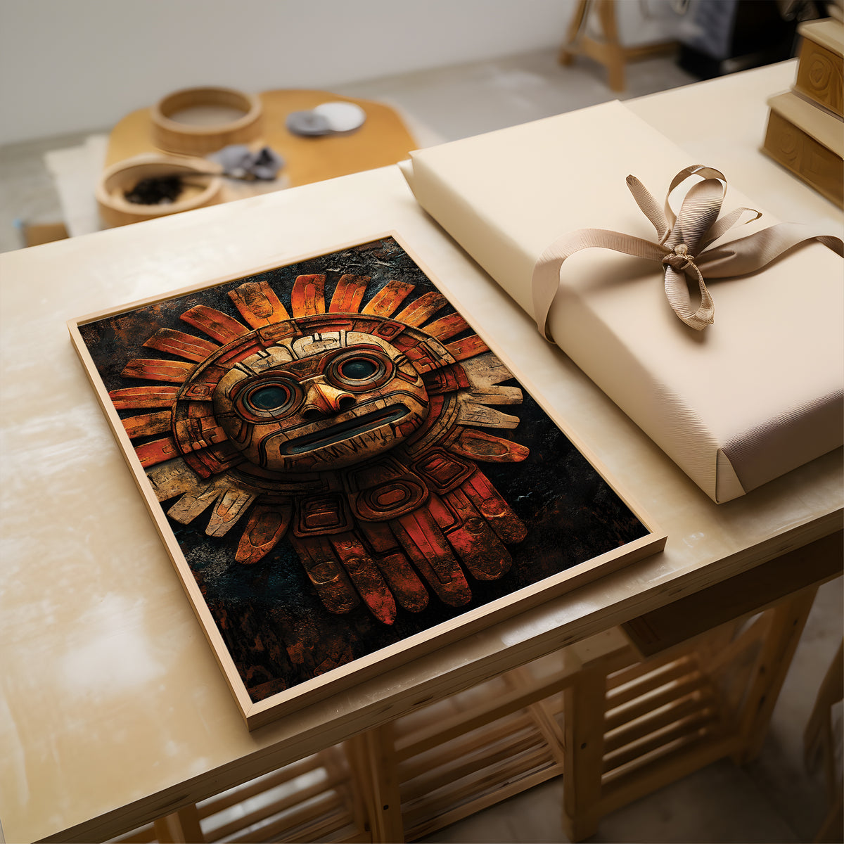 A framed art print featuring an intricate Aztec-style sun face mask in warm terracotta, orange, and brown tones, displayed on a light wood table next to a wrapped gift box.