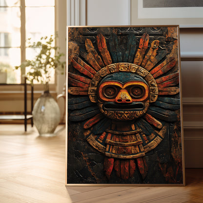 A framed vertical art print featuring a detailed Aztec-style calendar mask with a sunburst design, leaning against a wall on a light wood floor in a softly lit room.
