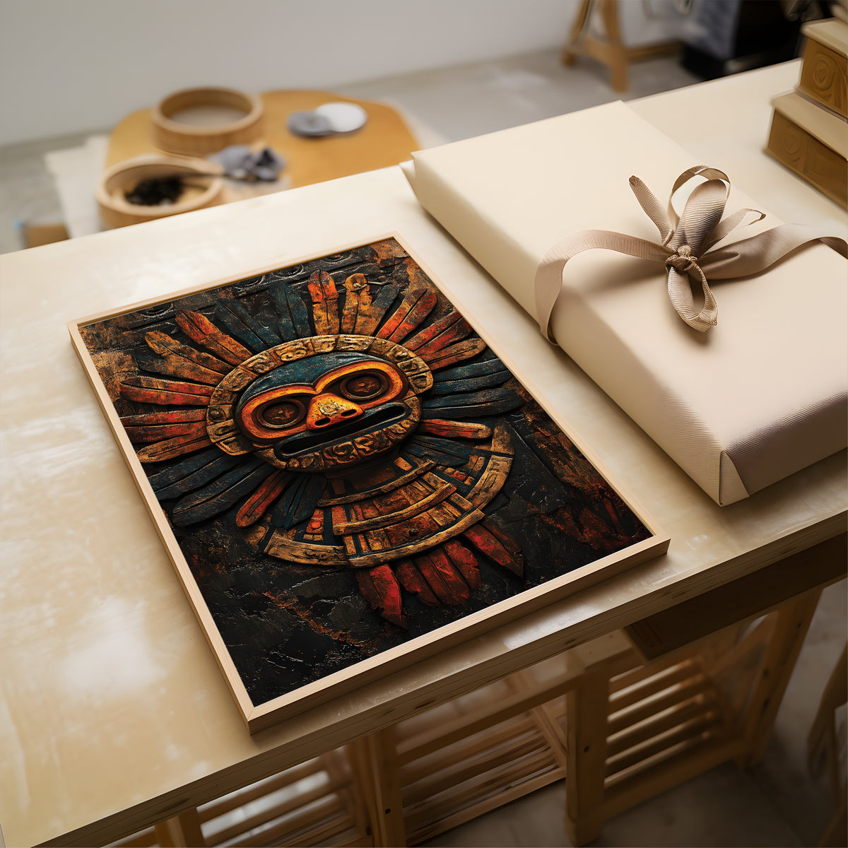 A framed art print featuring an Aztec-style sun mask with gold, red, and black tones, displayed on a light wood table next to a wrapped gift box with a beige ribbon.