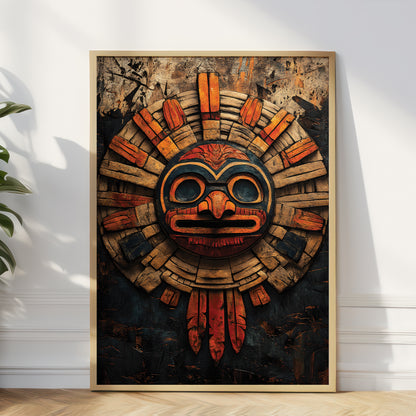 A framed vertical art print featuring a stylized Aztec-inspired mask with a weathered wood texture, displayed leaning against a white wall on a light wood floor next to a green plant.