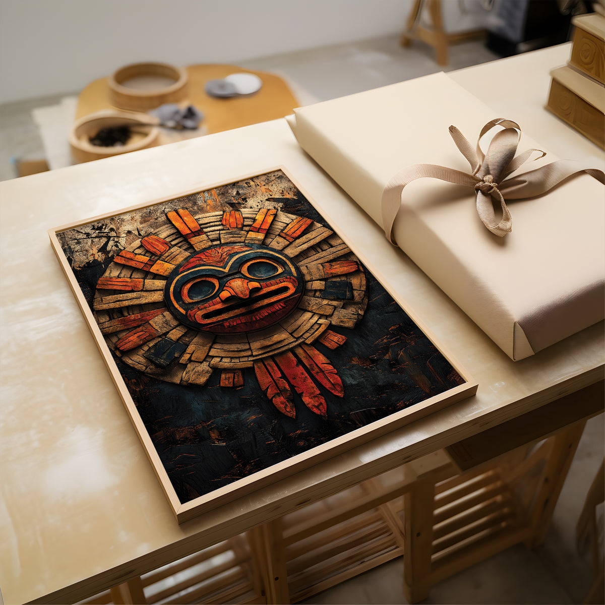 A framed art print featuring an Aztec-style feathered headdress mask in earthy tones, displayed on a light wood table next to a wrapped gift box with a beige ribbon.