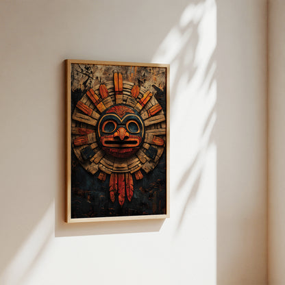A framed art print featuring a stylized, multi-colored mask design with red, orange, and blue details on a dark background, hanging on a warm beige wall with soft sunlight and leaf shadows.