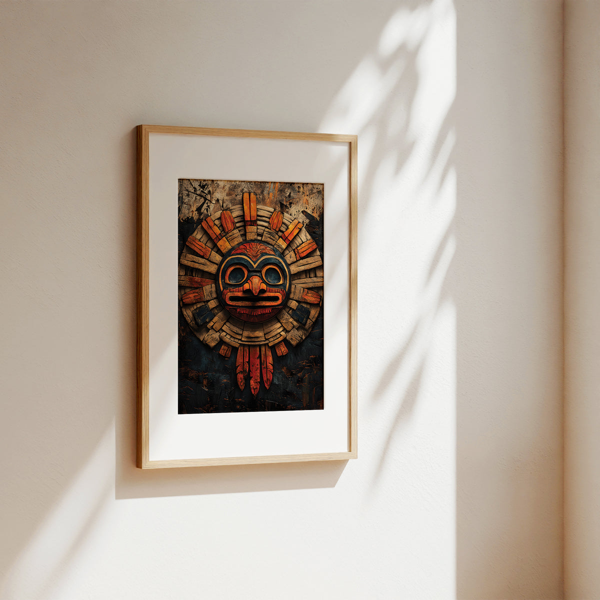 Framed wall art featuring a stylized Aztec calendar mask in earthy red, orange, brown, and black tones, displayed on a warm beige wall with soft window shadow light.