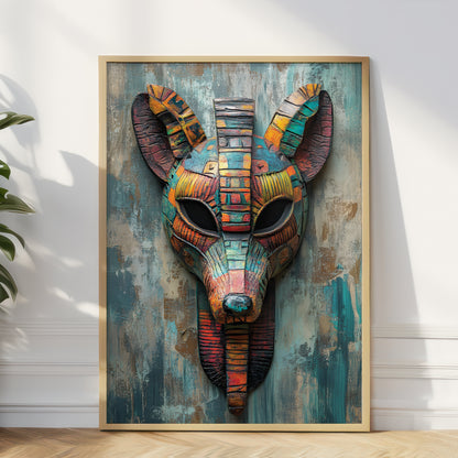 A framed wall art print featuring a stylized, colorful ankh-fox or decorative animal head mask with layered geometric patterns in teal, blue, orange, yellow, red, and brown tones, leaning against a white wall on a wood floor.