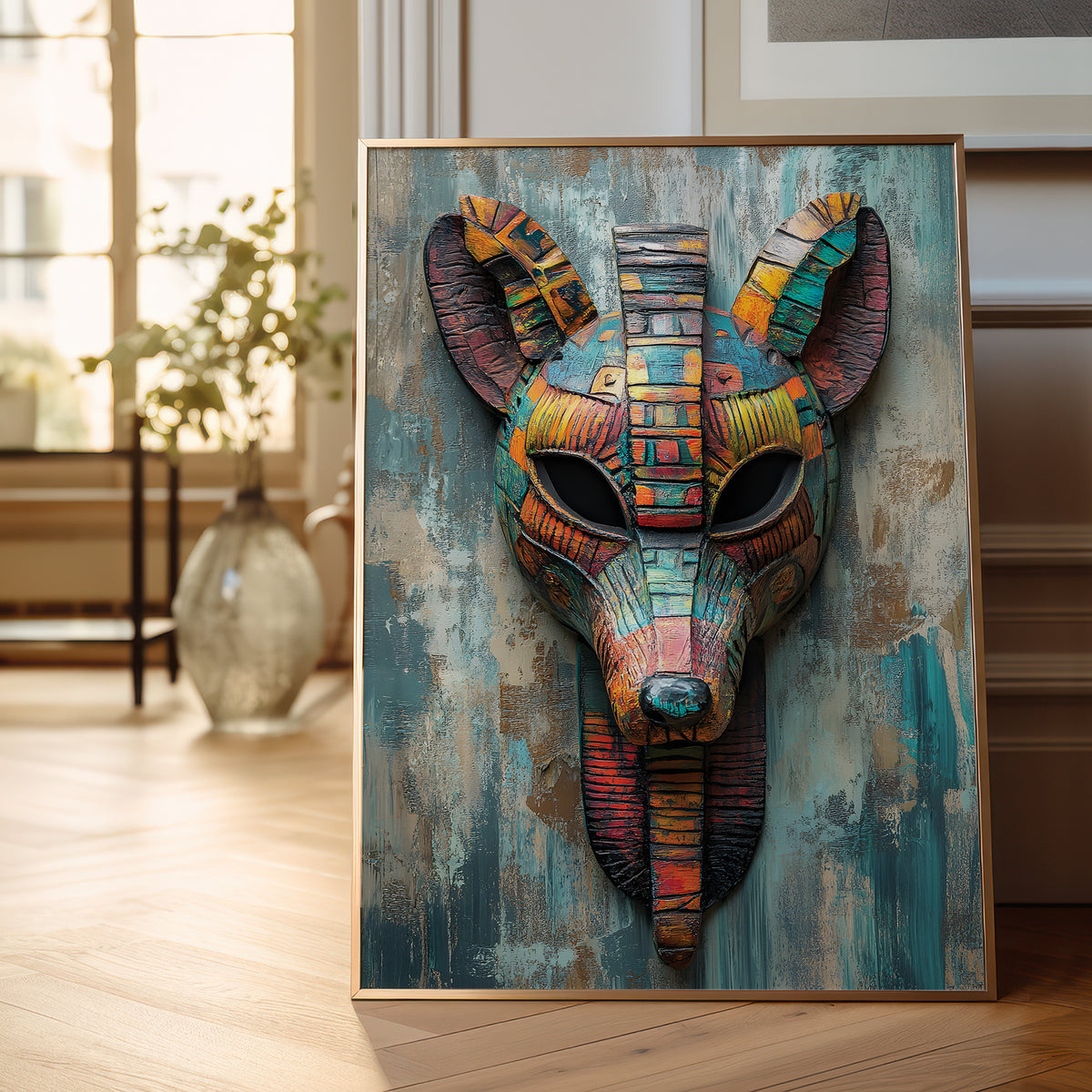 A framed art print featuring a colorful, textured mask with animal and geometric patterns, leaning against a wall in a bright, modern room.