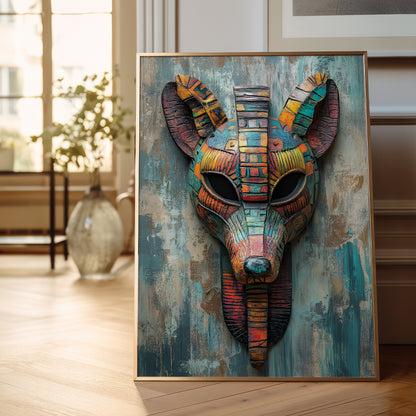 A framed art print featuring a colorful, textured mask with animal and geometric patterns, leaning against a wall in a bright, modern room.
