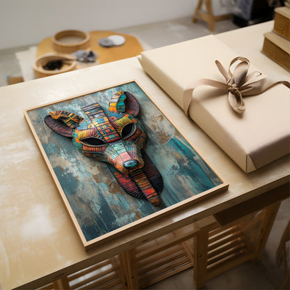A framed abstract art print featuring a stylized elephant head in vibrant teal, blue, orange, and yellow tones, displayed on a wooden table next to a wrapped gift box.