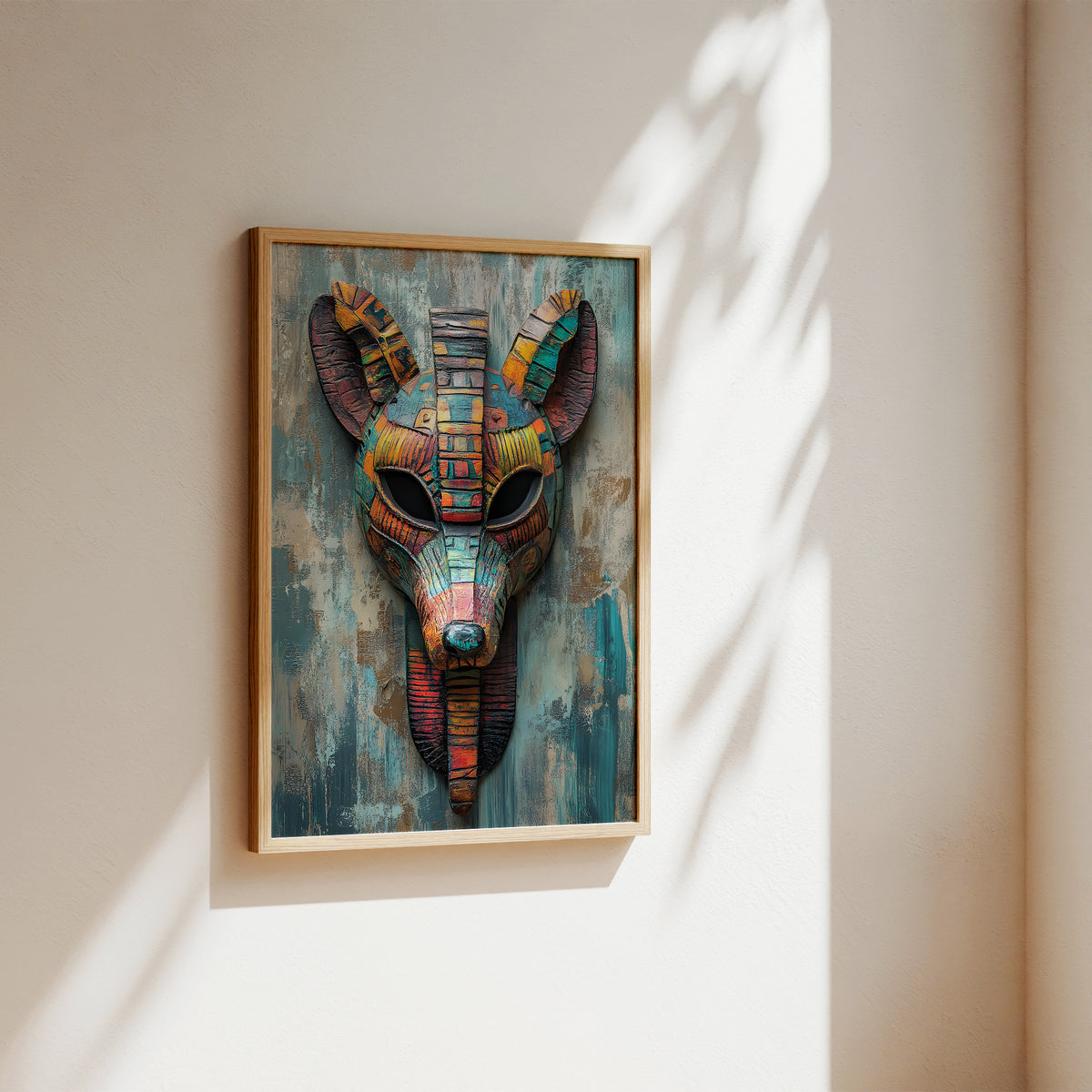 A framed wall art print featuring a colorful stylized animal head mask with geometric patterns, hung on a beige wall with soft sunlight and leaf shadows.