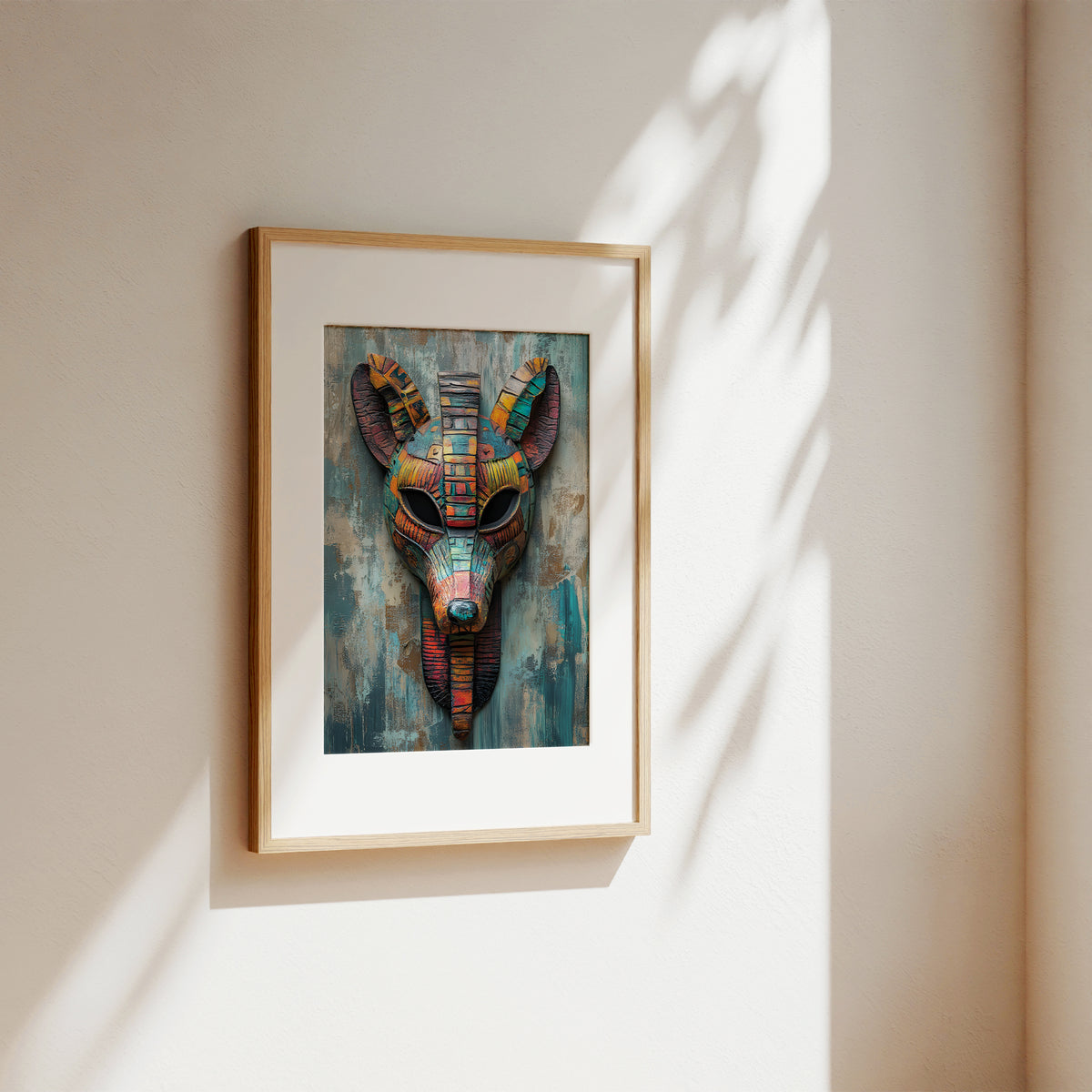 A framed art print featuring a colorful, patterned Anubis mask on a textured teal and brown background, hanging on a warm beige wall with soft sunlight and leaf shadows.