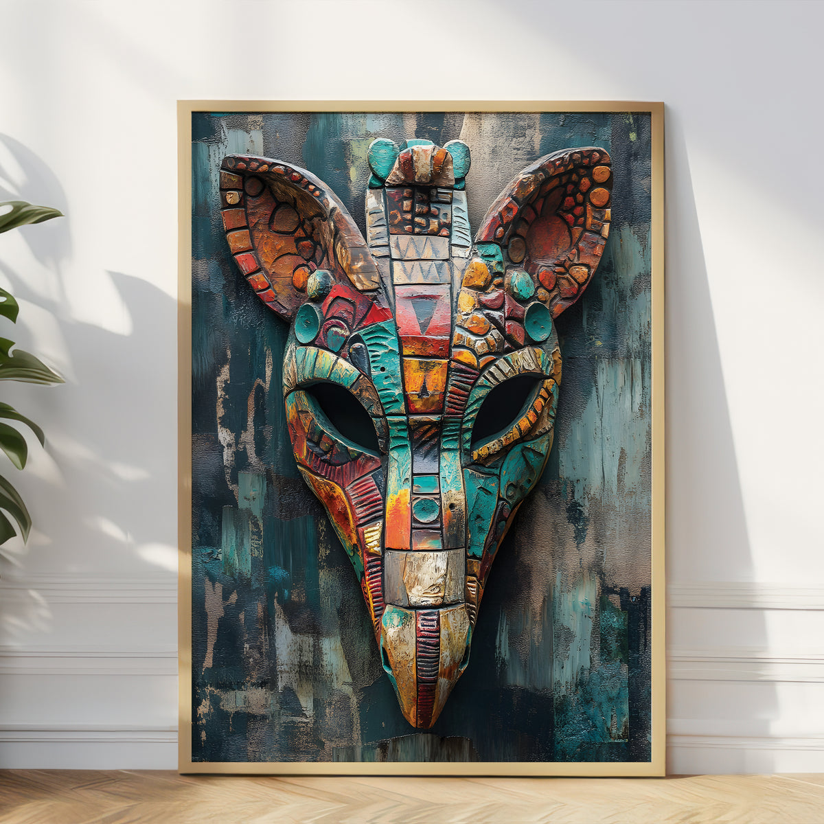 A framed wall art print featuring a colorful, textured giraffe head mask on a distressed teal and gray background, leaning against a white wall on a wood floor with a plant partially visible at the left edge.