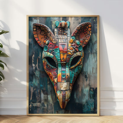 A framed wall art print featuring a colorful, textured giraffe head mask on a distressed teal and gray background, leaning against a white wall on a wood floor with a plant partially visible at the left edge.