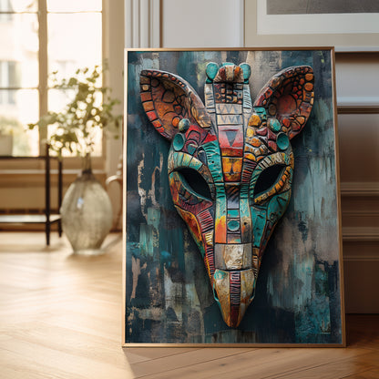 A framed wall art print leaning against a wall on a wooden floor, showing a stylized giraffe head mask with turquoise, orange, red, and gold abstract patterns on a textured teal background.