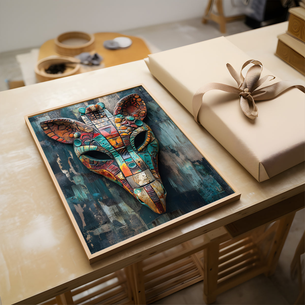 A framed colorful mosaic-style art print featuring a stylized fox head lies on a light wood table next to a wrapped beige gift box with a ribbon. The artwork has many saturated colors including teal, orange, yellow, red, and blue on a dark textured background.