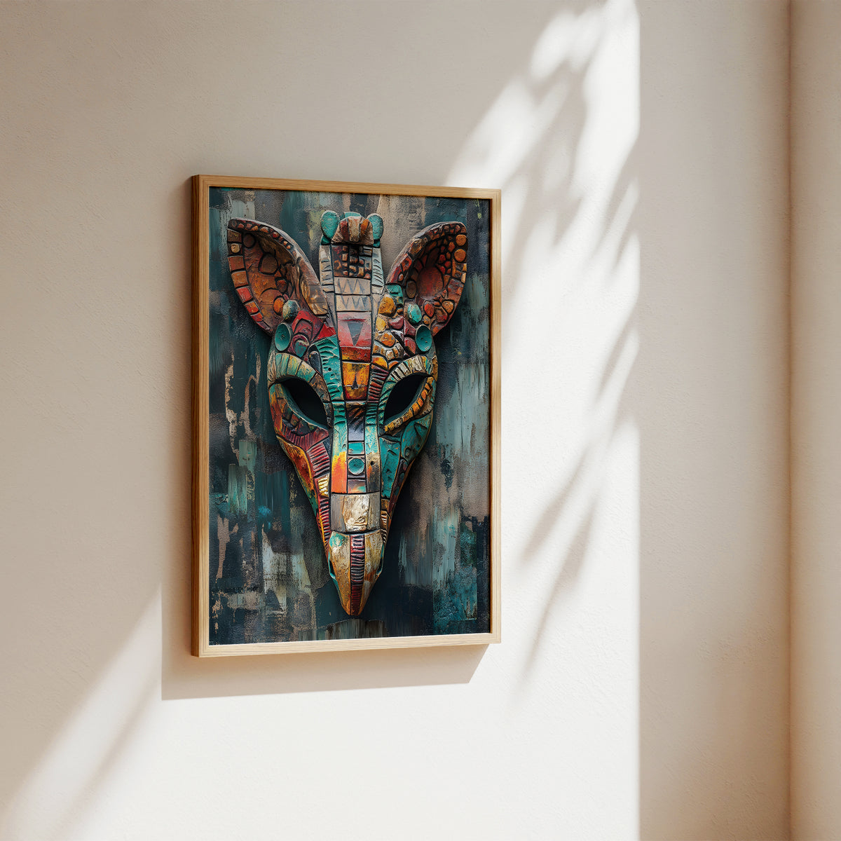 A framed wall art print featuring a colorful mosaic-style animal head, displayed on a beige wall with soft sunlight and leaf shadows.