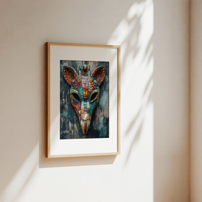 A framed art print featuring a colorful mosaic-style animal head, displayed on a warm beige wall with soft sunlight and leaf shadows cast across it.