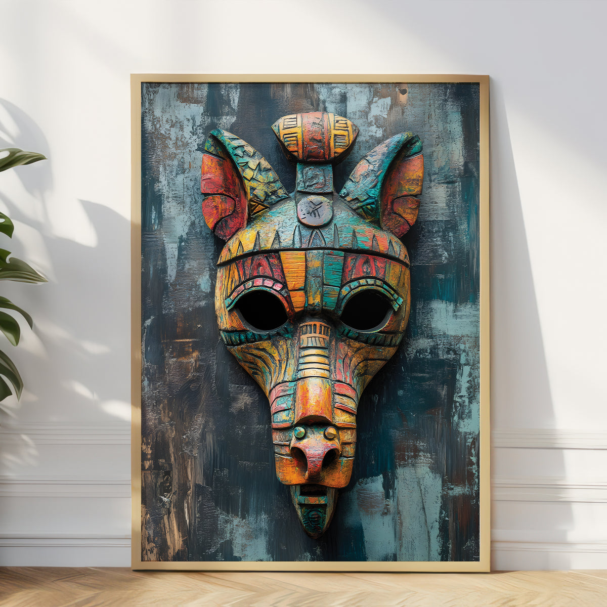 A framed vertical art print featuring a highly detailed, colorful Egyptian-style animal head mask with an ankh symbol, leaning against a white wall on a light wood floor next to a green plant.