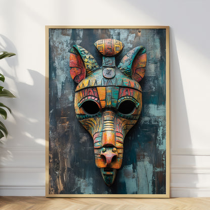 A framed vertical art print featuring a highly detailed, colorful Egyptian-style animal head mask with an ankh symbol, leaning against a white wall on a light wood floor next to a green plant.