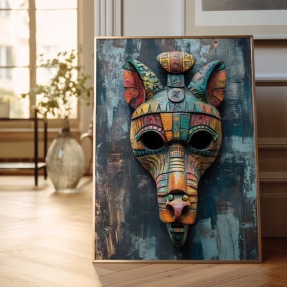 A framed vertical canvas print leaning against a wall on a light wood floor in a bright room. The artwork depicts a stylized, colorful animal head mask with large black eye openings, rendered in warm orange, yellow, teal, and red tones against a textured dark blue and gray background.