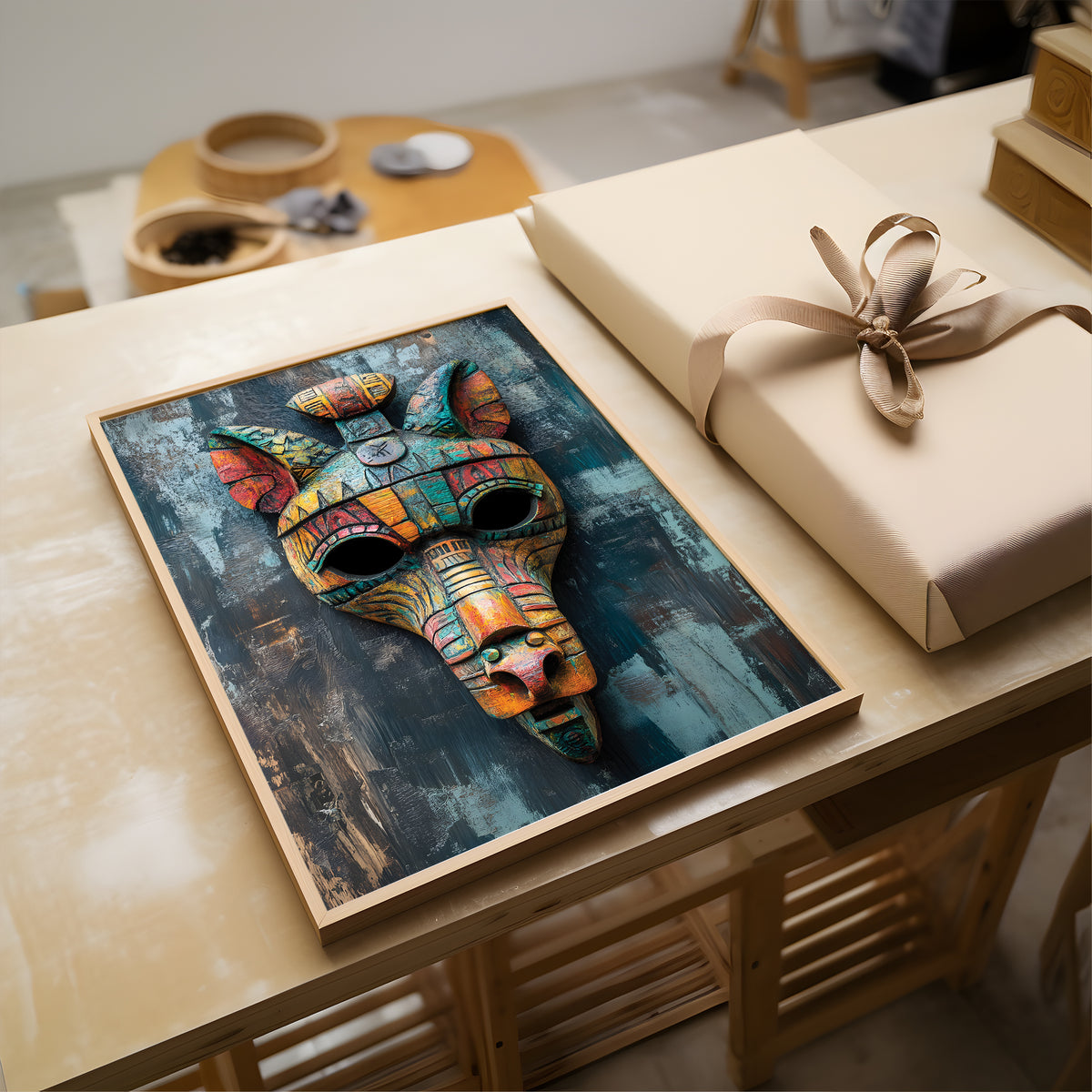 A framed art print featuring a colorful, patterned mask on a dark textured background, displayed on a light wood table next to a wrapped gift box.