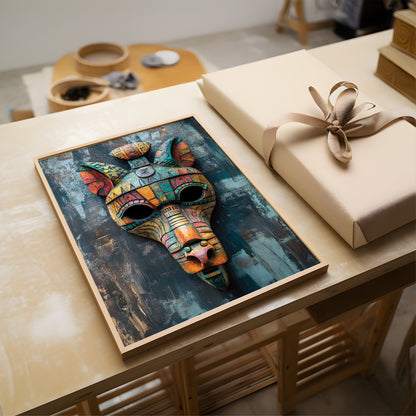 A framed art print featuring a colorful, patterned mask on a dark textured background, displayed on a light wood table next to a wrapped gift box.