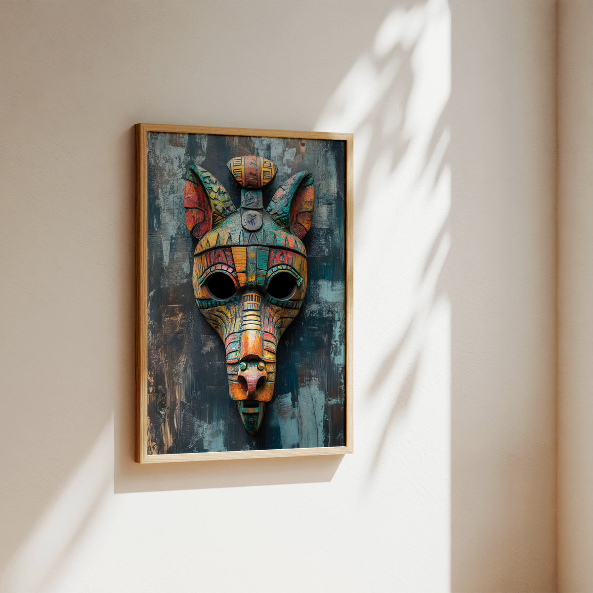 A framed wall art print featuring a colorful stylized animal head mask, hung on a beige wall with soft sunlight and leaf shadows cast across it.