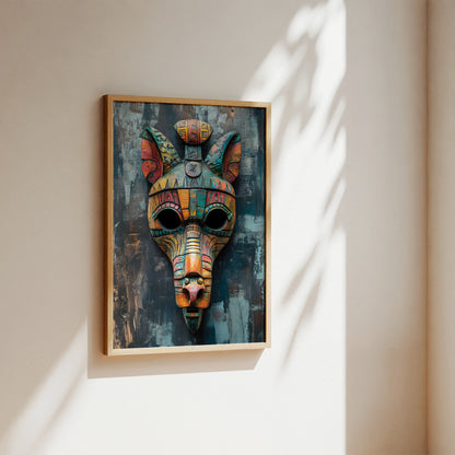 A framed wall art print featuring a colorful stylized animal head mask, hung on a beige wall with soft sunlight and leaf shadows cast across it.