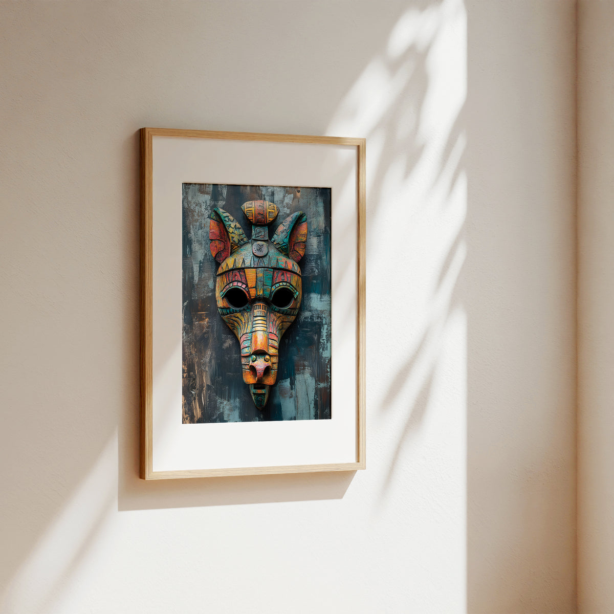A framed art print featuring a colorful, stylized animal head mask mounted on a beige wall with soft window shadows.